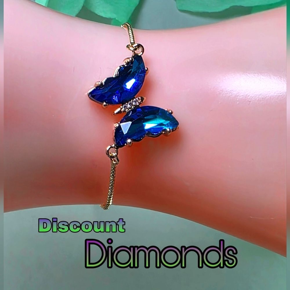 Blue Crystal Butterfly Bracelet Adjustable Fit 14K Gold Plating